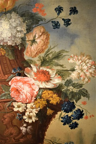 Nature Morte de Fleurs avec Putto et Fontaine dans un  jarden